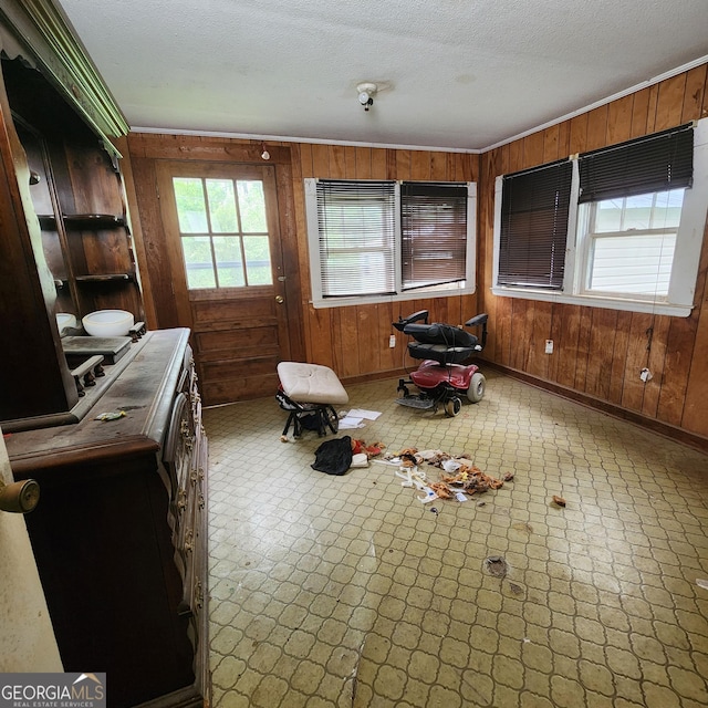 interior space with baseboards, wood walls, and a textured ceiling