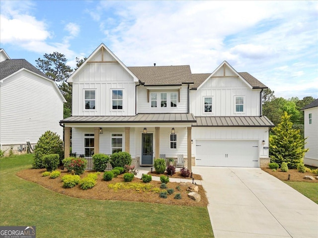 3525 Brynhurst Dr, Cumming, GA 30028 - modern farmhouse with board and batten siding, a porch, driveway, and a standing seam roof
