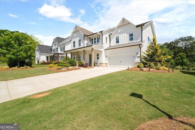 3525 Brynhurst Dr, Cumming, GA 30028 - view of front of property featuring an attached garage, concrete driveway, board and batten siding, a front lawn, and a standing seam roof