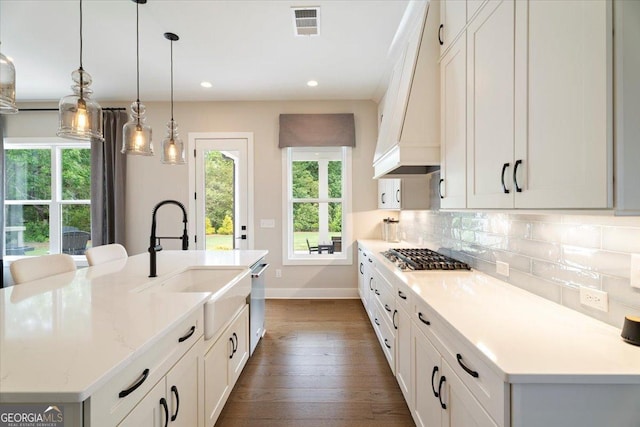 3525 Brynhurst Dr, Cumming, GA 30028 - kitchen with baseboards, a sink, custom range hood, dark wood-type flooring, and appliances with stainless steel finishes