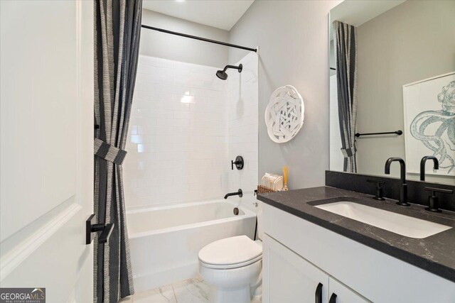 3525 Brynhurst Dr, Cumming, GA 30028 - full bath with vanity, toilet, marble finish floor, and shower / bath combo