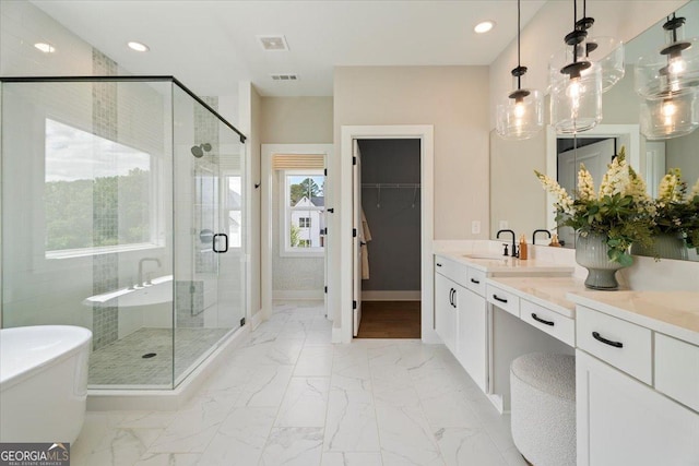 3525 Brynhurst Dr, Cumming, GA 30028 - full bathroom featuring a stall shower, marble finish floor, visible vents, and a walk in closet
