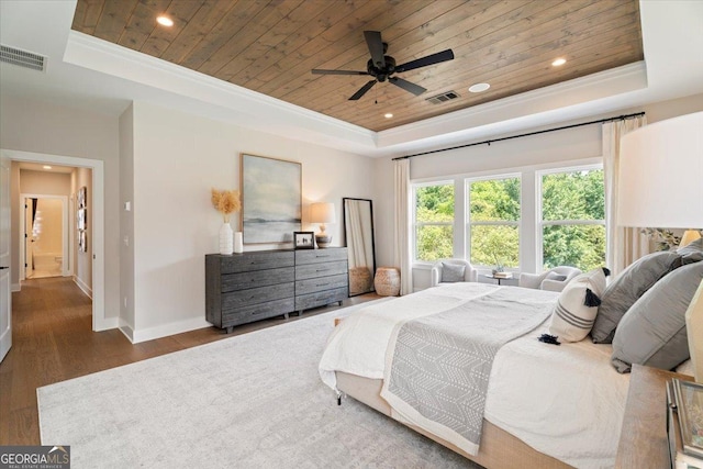 3525 Brynhurst Dr, Cumming, GA 30028 - bedroom with wood finished floors, visible vents, wooden ceiling, a tray ceiling, and baseboards