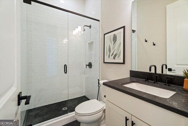 3525 Brynhurst Dr, Cumming, GA 30028 - bathroom with vanity, toilet, and a shower stall