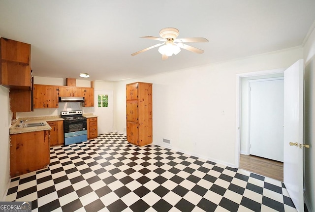 120 Hunt Rd, Athens, GA 30606 - kitchen with ceiling fan, stainless steel electric range oven, light countertops, light floors, and under cabinet range hood