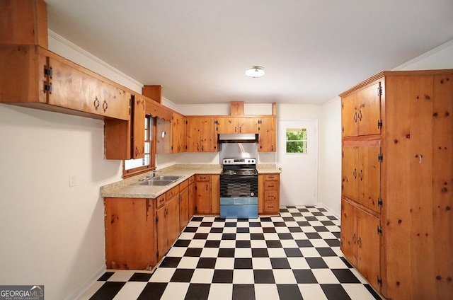 120 Hunt Rd, Athens, GA 30606 - kitchen featuring a sink, stainless steel range with electric stovetop, light countertops, light floors, and under cabinet range hood