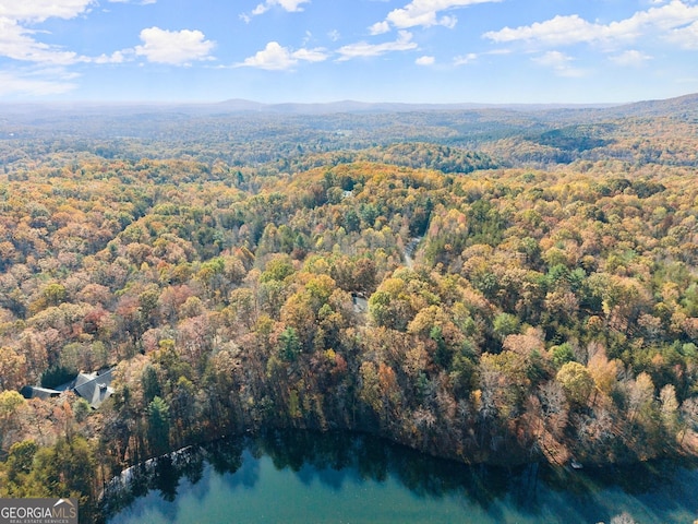 drone / aerial view with a water view and a wooded view