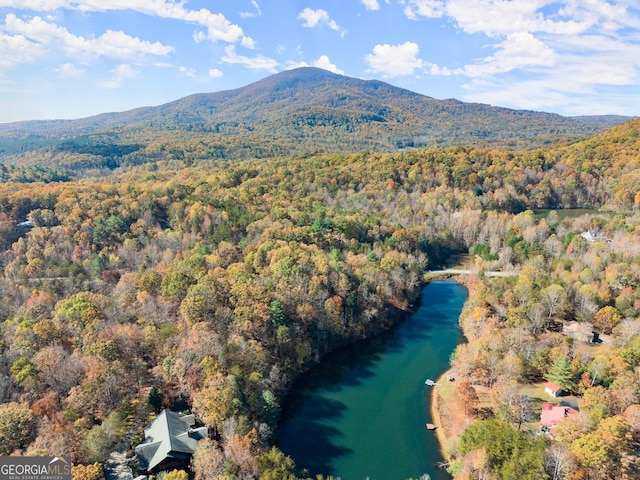 drone / aerial view featuring a water and mountain view and a wooded view