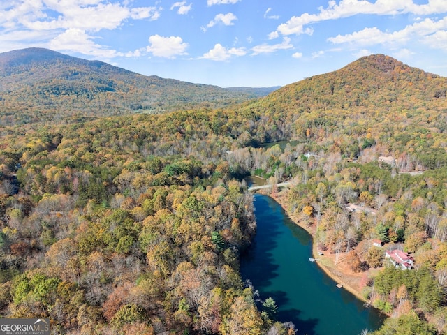 drone / aerial view featuring a water and mountain view and a wooded view