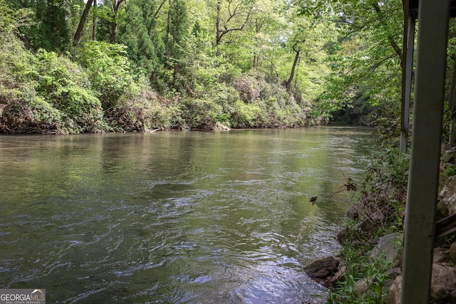 view of water feature with a forest view