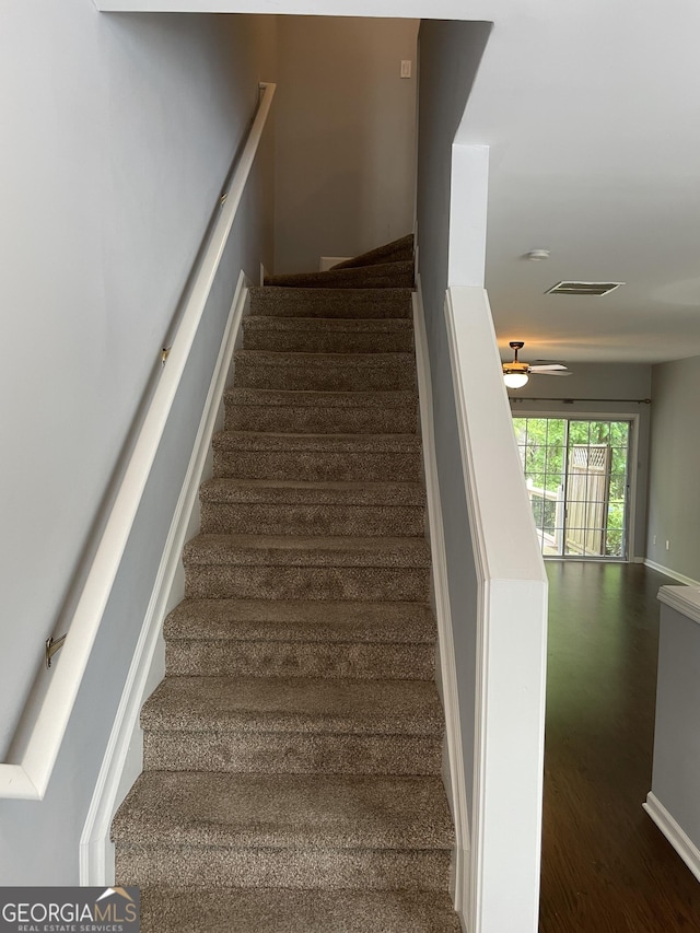 211 Buckland Dr, Alpharetta, GA 30022 - stairway with wood finished floors and a ceiling fan