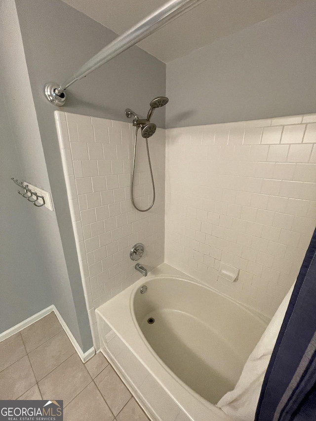 211 Buckland Dr, Alpharetta, GA 30022 - bathroom featuring tile patterned flooring, shower / bath combo with shower curtain, and baseboards