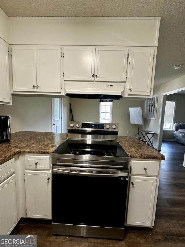 kitchen featuring white cabinetry, under cabinet range hood, and stainless steel electric stove