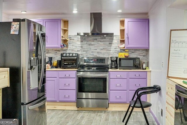 2621 Manor Pl, Ellenwood, GA 30294 - kitchen featuring open shelves, wall chimney exhaust hood, a toaster, and black appliances