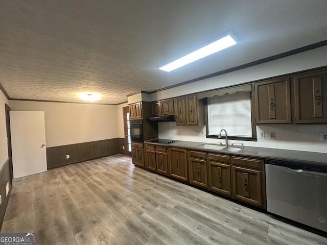 kitchen with wainscoting, light wood-style floors, under cabinet range hood, a sink, and black appliances
