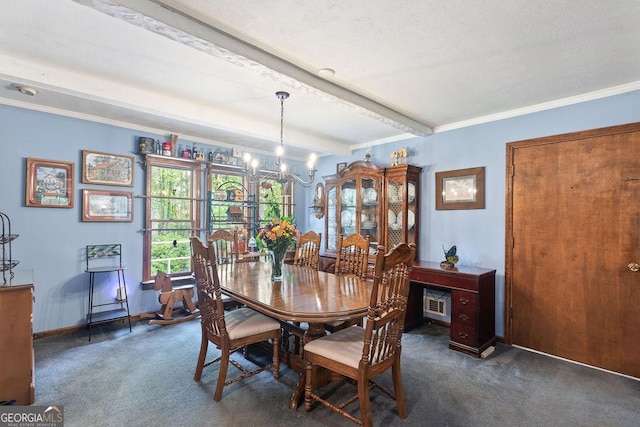 dining space with visible vents, baseboards, beamed ceiling, a notable chandelier, and carpet
