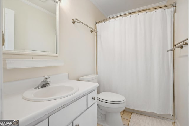 full bath with vanity, tile patterned flooring, toilet, and curtained shower