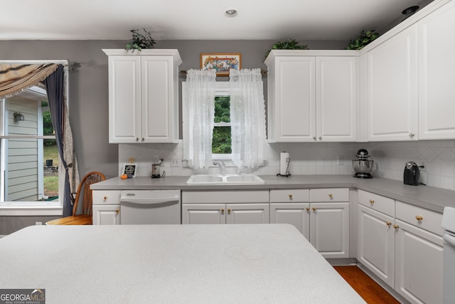 kitchen featuring a sink, light countertops, white dishwasher, and backsplash