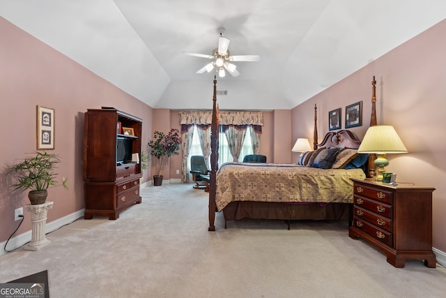 carpeted bedroom with baseboards, visible vents, ceiling fan, and lofted ceiling