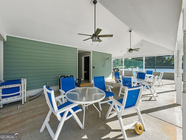 view of patio / terrace featuring ceiling fan, fence, and outdoor dining area