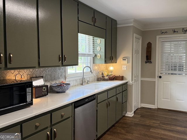 kitchen with black microwave, a sink, dishwasher, decorative backsplash, and ornamental molding