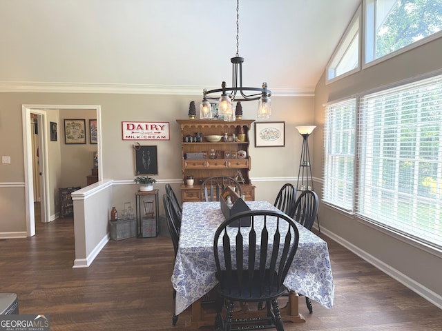 dining area featuring crown molding, baseboards, high vaulted ceiling, and dark wood-type flooring