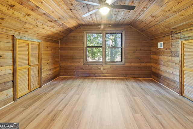 bonus room with wooden walls, ceiling fan, light wood finished floors, vaulted ceiling, and visible vents