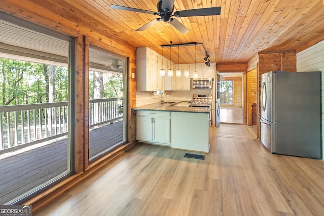 kitchen featuring wood walls, a healthy amount of sunlight, wood ceiling, a sink, and appliances with stainless steel finishes