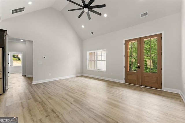346 Chandler Ct, Alto, GA 30510 - unfurnished living room with a ceiling fan, high vaulted ceiling, visible vents, and french doors