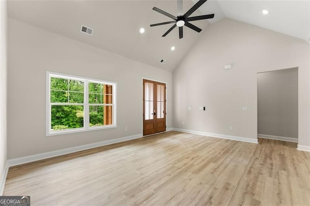346 Chandler Ct, Alto, GA 30510 - unfurnished living room with ceiling fan, visible vents, high vaulted ceiling, light wood finished floors, and recessed lighting