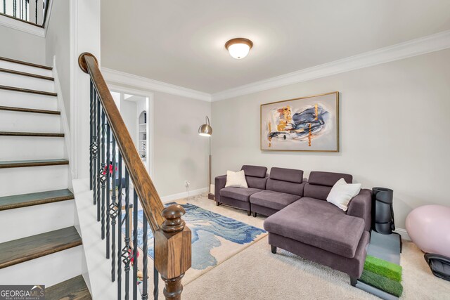 1584 Heartland Path, Hoschton, GA 30548 - living area featuring crown molding, carpet flooring, and stairs