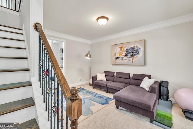 carpeted living room with crown molding, stairway, and baseboards