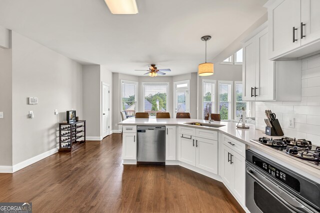 1584 Heartland Path, Hoschton, GA 30548 - kitchen featuring appliances with stainless steel finishes, a peninsula, dark wood finished floors, and plenty of natural light