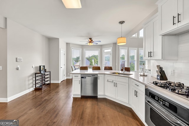 kitchen with stainless steel appliances, a sink, a peninsula, dark wood-style floors, and plenty of natural light