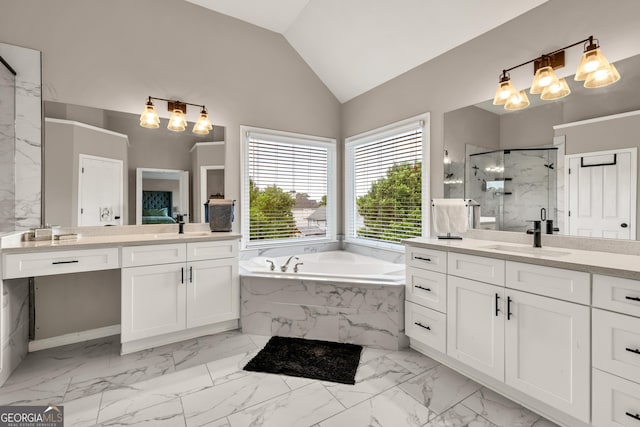 1584 Heartland Path, Hoschton, GA 30548 - full bathroom featuring a marble finish shower, a garden tub, marble look tile flooring, a chandelier, and lofted ceiling