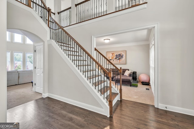 1584 Heartland Path, Hoschton, GA 30548 - stairs featuring a high ceiling, arched walkways, carpet flooring, ornamental molding, and wood finished floors