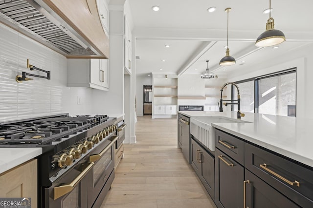 kitchen with backsplash, a sink, premium range hood, stainless steel appliances, and white cabinetry