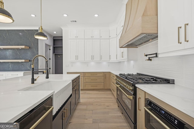 kitchen featuring premium range hood, white cabinetry, light wood finished floors, appliances with stainless steel finishes, and backsplash