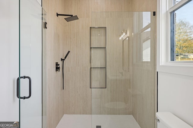 full bath with a stall shower, a healthy amount of sunlight, and toilet