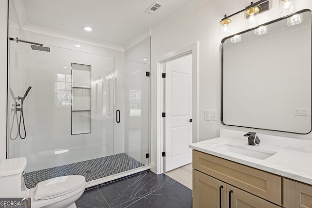 bathroom with toilet, marble finish floor, recessed lighting, a shower stall, and visible vents