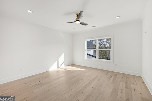 empty room with recessed lighting, baseboards, ceiling fan, and light wood-style flooring