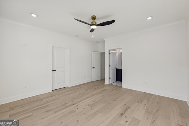 unfurnished bedroom with crown molding, baseboards, recessed lighting, and light wood-type flooring