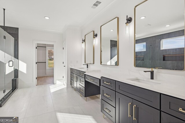 full bath featuring visible vents, a stall shower, a wealth of natural light, and vanity