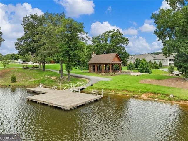 7712 Soaring Eagle Dr, Flowery Branch, GA 30542 - dock area with a gazebo, a water view, and a yard