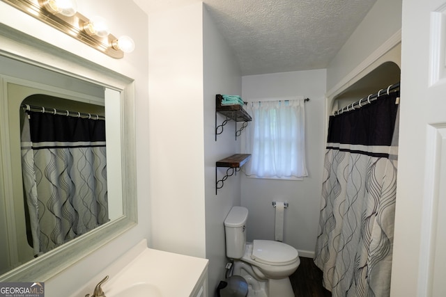 253 Dry Creek Rd, Cedartown, GA 30125 - bathroom with vanity, wood finished floors, curtained shower, toilet, and a textured ceiling