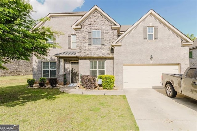 traditional home with brick siding, a garage, a front yard, and concrete driveway