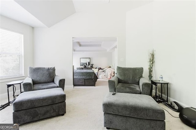 living area with baseboards, vaulted ceiling, and carpet