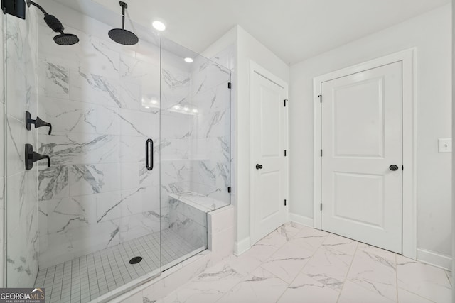 full bathroom with baseboards, recessed lighting, a marble finish shower, and marble finish floor