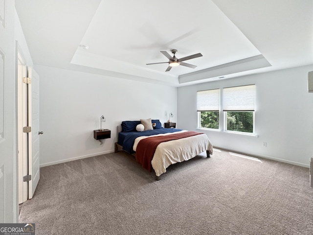 314 Vine Ct, Griffin, GA 30223 - bedroom featuring a raised ceiling, carpet flooring, ceiling fan, and baseboards