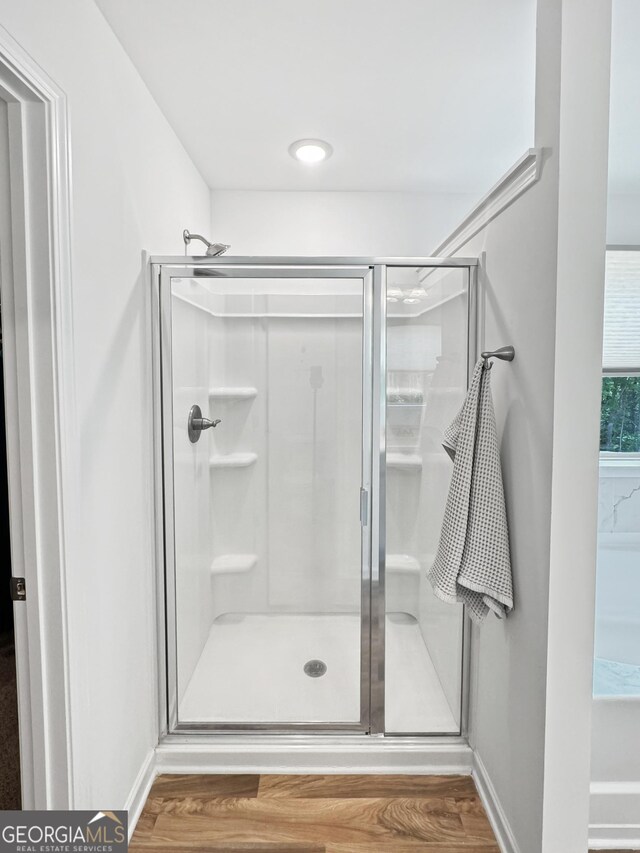 bathroom with baseboards, a stall shower, and wood finished floors